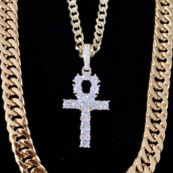 ANKH SET FULL DIAMONDS CZ 18K GOLD CHAIN ITALY